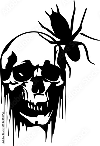 Creepy skull. Spooky tattoo sketch with grunge human skull