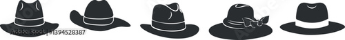 Silhouette illustration of various hat styles including fedora, cowboy, and sunhat on white background.