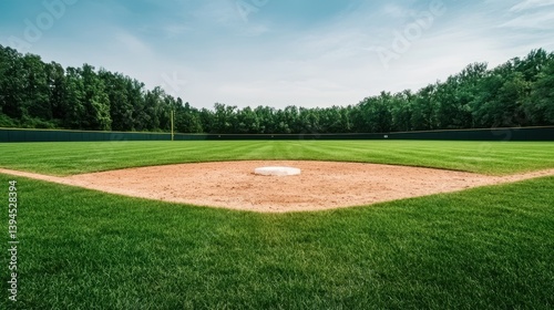 Empty Baseball Field Under Blue Sky Surrounded by Lush Green Trees in a Scenic Outdoor Environment