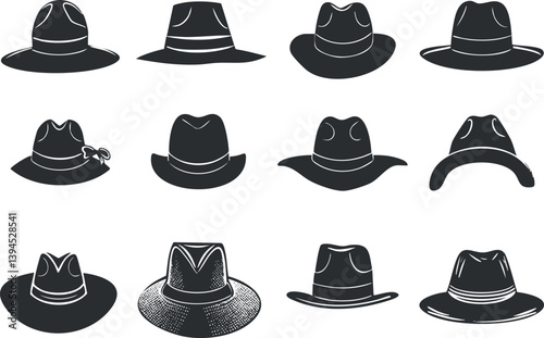 Silhouette collection of various hats, including fedoras and cowboy styles, in black and white.