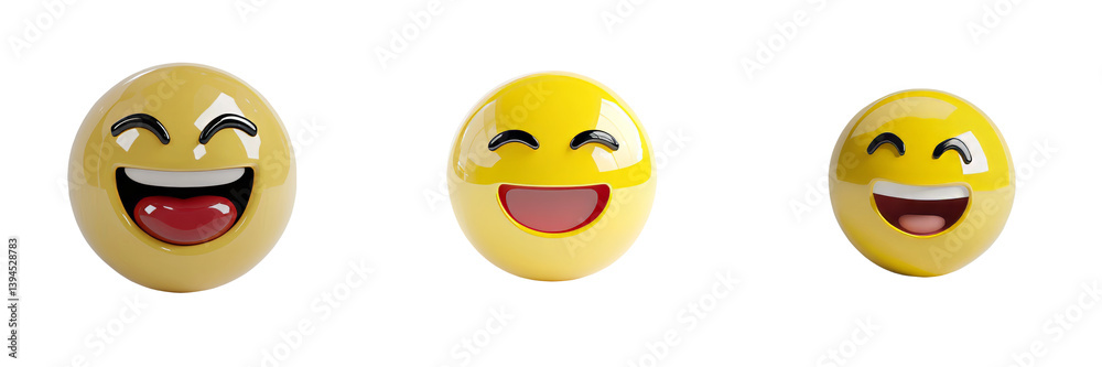 Fototapeta premium Three cheerful yellow smiley faces showcasing varying expressions on a clean white background in a minimalistic design setting
