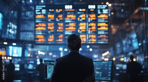 A person stands in front of large digital screens displaying stock market data, emphasizing a busy trading environment.