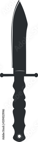 Black silhouette of a knife with a sharp blade and textured handle on a white background.