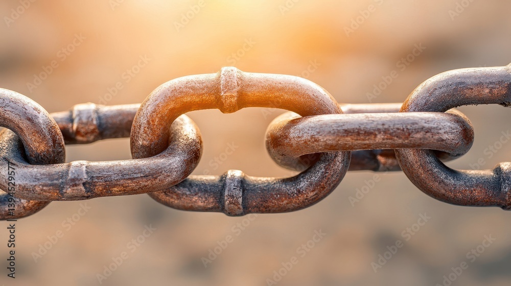 Close-Up View of Rusty Metal Chain Links with Glowing Background in Soft Focus Close-Up View of Rusty Metal Chain Links with Glowing Background in Soft Focus