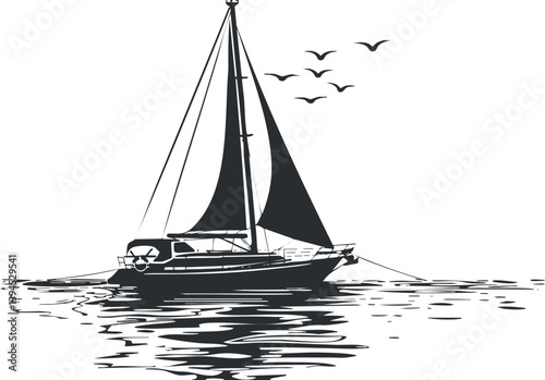 Silhouette of a sailboat sailing on calm waters with birds in the sky.