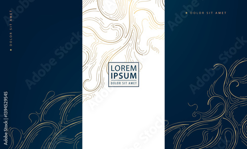 Vector set of line luxury gold labels, royal box package background, wine, wedding, perfume, jewelry design ornament. Wavy abstract art deco texture