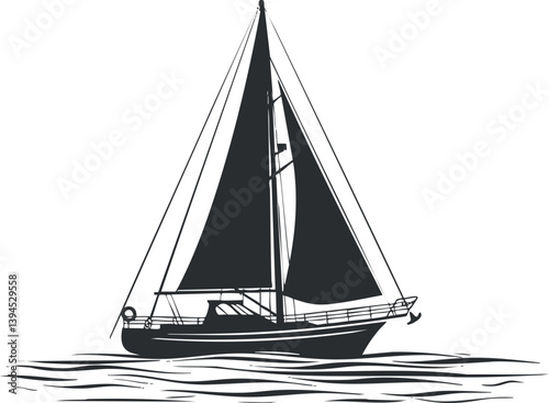 Black and white illustration of a sailboat on the ocean, depicting nautical adventure.