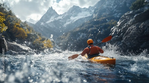 A kayaker navigates a river surrounded by majestic mountains and vibrant nature, capturing the thrill of adventure and outdoor exploration.