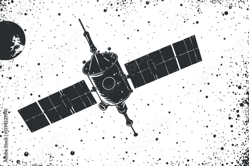 Black and white vector illustration of a satellite orbiting in space with solar panels.