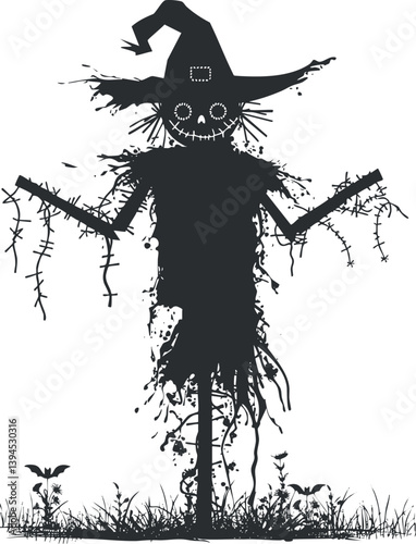 Silhouette of a spooky scarecrow with a witch hat standing in a field, surrounded by plants.