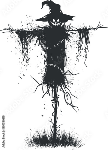 Silhouette of a spooky scarecrow with a witch hat and pumpkin head in a field.