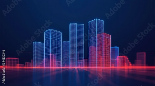 Futuristic City Skyline in Neon Colors with Blue and Red Wireframe Buildings Against a Dark Background