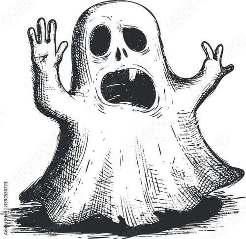 Cartoon illustration of a scared ghost with wide eyes and hands raised in fright.