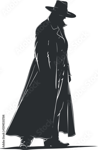 Silhouette of a mysterious cowboy in a long coat and hat, exuding a vintage western vibe.