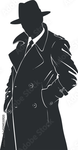 Silhouette of a mysterious detective in a trench coat and hat, embodying classic noir style.