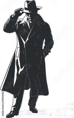 Silhouette of a mysterious detective in a trenchcoat and hat, evoking classic noir themes.