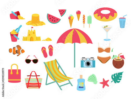 Flat style summer elements set. Summer time icon. Summer vacation set. Sea and ocean recreation attributes