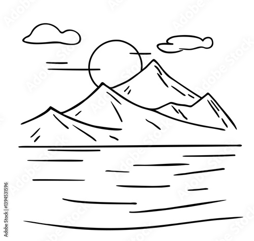 Mountain landscape sketch art illustration. Nature, panoramic landscape, mountain. Simple sketches for cards, posters, wall Art. Ink sketch. Tourism, travel, sport.