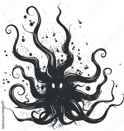 Abstract black ink illustration of an octopus with swirling tentacles and splatter effects.