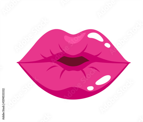illustration or red lips. Closeup beautiful lips of woman with red, bright pink lipstick and gloss. Wet lip make-up.