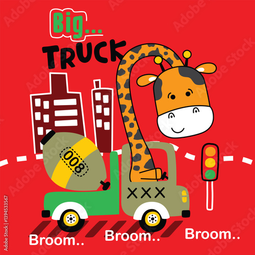 Cartoon giraffe driving cement mixer truck through city street with traffic light and colorful buildings. Children transportation concept
