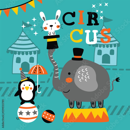 Cartoon elephant lifting magician hat with rabbit beside penguin balancing on ball in colorful circus scene. Children entertainment concept
