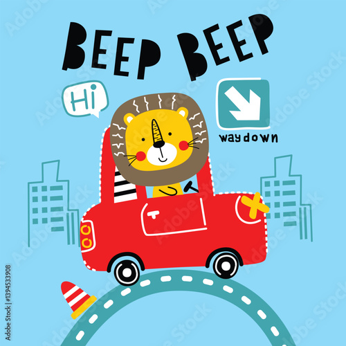 Cartoon lion smiling while driving red car on winding city road with buildings and traffic signs. Children travel concept
