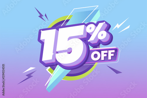 15% Off Discount Offer with Bold Text and Lightning Elements on Gradient Blue-Purple Background