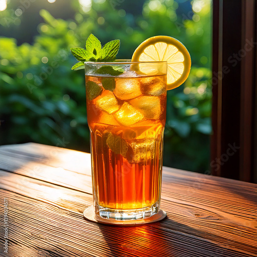un vaso de bebida refrescante para el calor con una infusion de te frio con hielo, menta y una rodaja de limon sobre una mesa de cocina junto al jardin