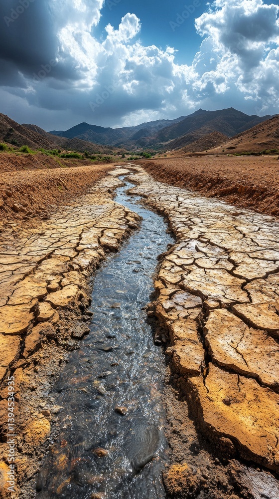Arid area with a rare stream, surrounded by mountains and cloudy sky. Suitable for articles about nature, ecology, climate.