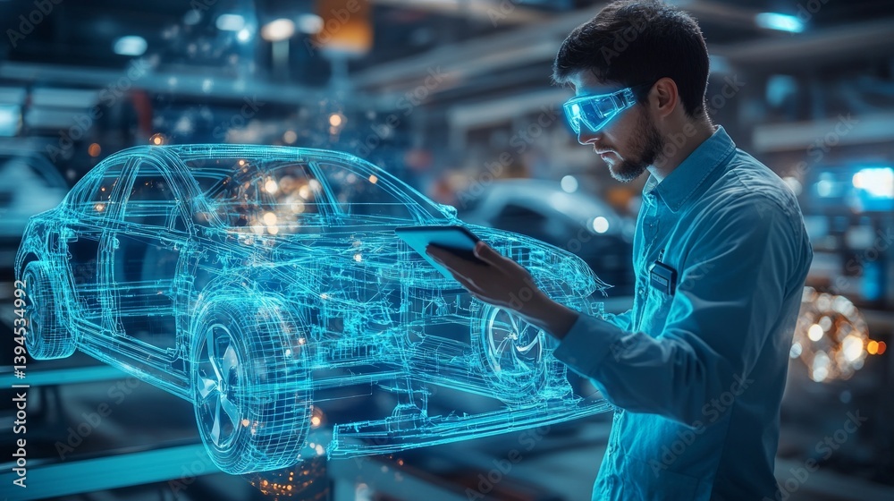 An engineer wearing AR glasses analyzes a 3D model of a car in a factory shop, suitable for articles about technology and innovation in the auto industry.