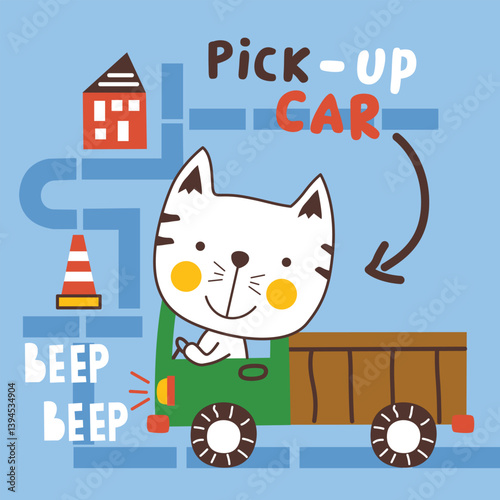 Cartoon cat driving a pick-up car with "PICK-UP CAR" text and road elements. Vehicle concept
