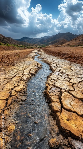 Obraz na płótnie Arid area with a rare stream, surrounded by mountains and cloudy sky. Suitable for articles about nature, ecology, climate. w salonie