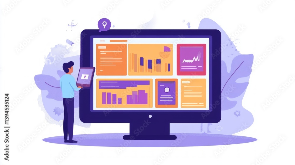 Abstract background with colorful graphs on the computer screen, a person standing next to it. Ideal for presentations, reports, analytics.