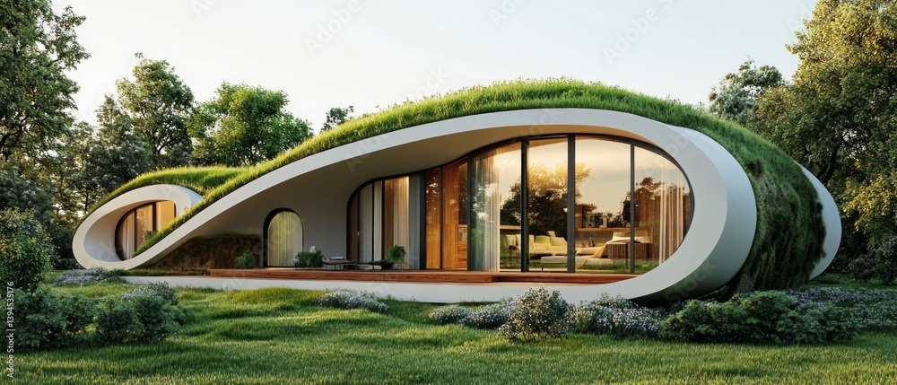 Futuristic house with flowing lines and green roof surrounded by greenery. Great for articles about modern architecture, ecology, design.