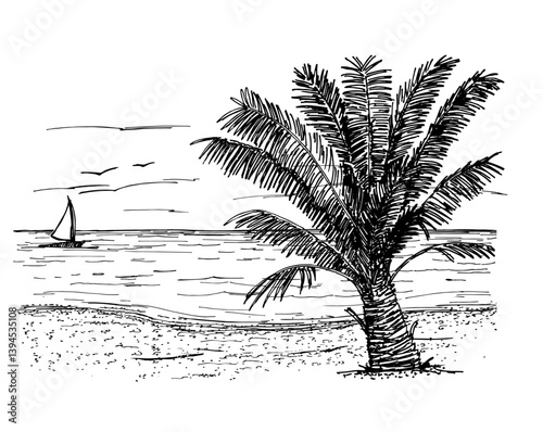 Ocean or sea beach with waves, sketch. Black and white illustration of sea shore with palm. Hand drawn seaside view