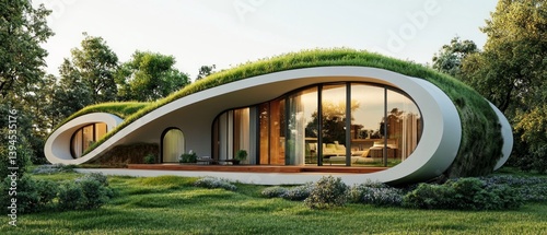 Obraz na płótnie Futuristic house with flowing lines and green roof surrounded by greenery. Great for articles about modern architecture, ecology, design. w salonie