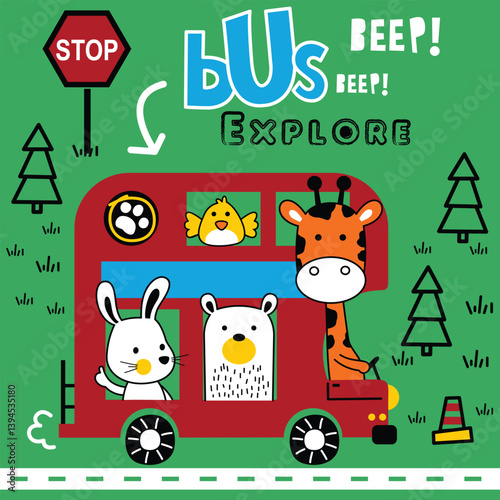 Colorful animal bus illustration with "EXPLORE" text and road sign details. Transport concept
