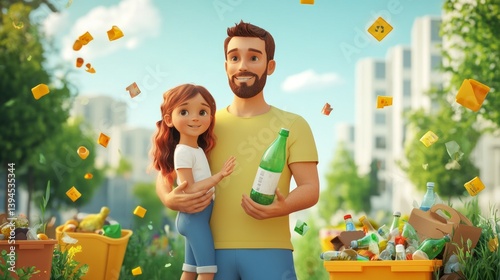 Cartoon drawing of a father and daughter cleaning up trash in a park. Useful for environmental initiatives, educational posters, social projects.