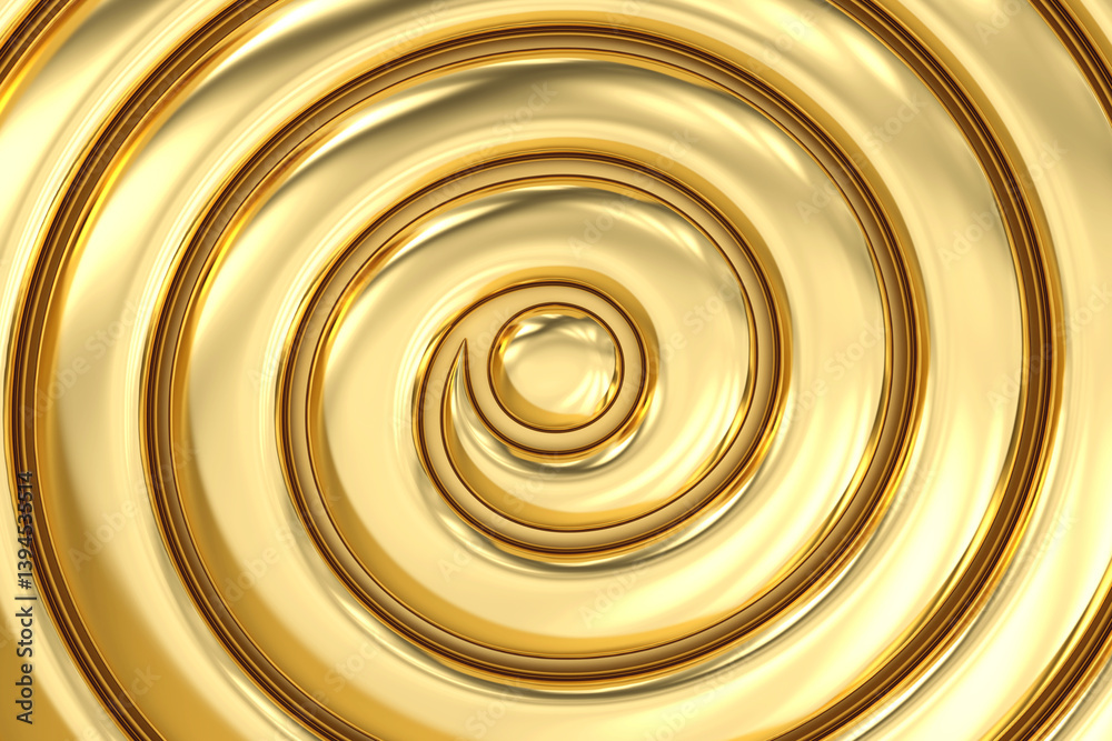 Golden spiral abstract background features swirling pattern of shiny metallic gold ideal for designs requiring elegance and sophistication The texture is smooth and reflective, 3d rendering