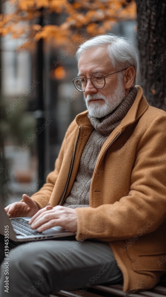 Elderly man with laptop on the street, in the fall. Use for blogs about technology, education, or remote work.