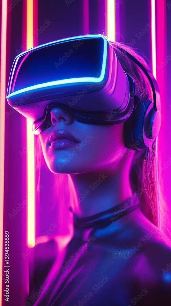 A girl wearing VR goggles against a backdrop of neon lines, perfect for discussing virtual reality technology and gamification.