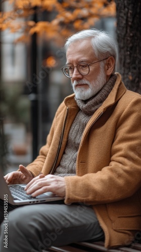 Elderly man with laptop on the street, in the fall. Use for blogs about technology, education, or remote work.