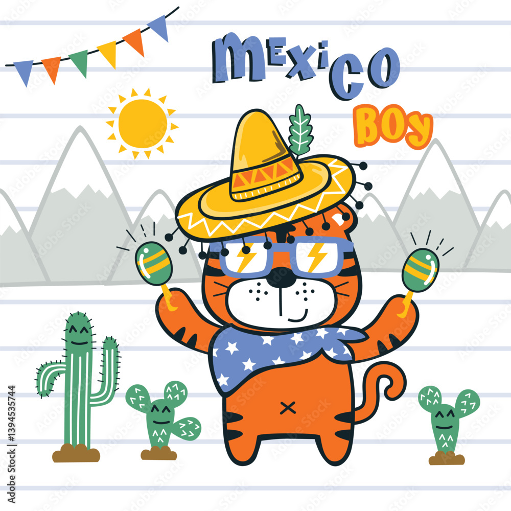 Naklejka premium Cartoon tiger wearing a sombrero and scarf, holding maracas with 