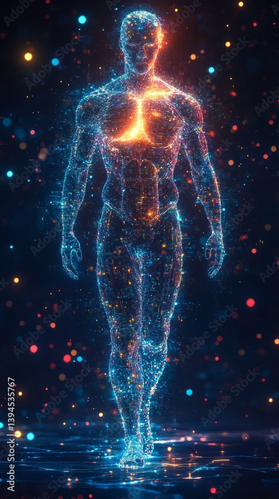 Digital image of a human being with illuminated internal organs symbolizing technology and medicine. Suitable for scientific articles, medical blogs, discussion of innovations in healthcare.