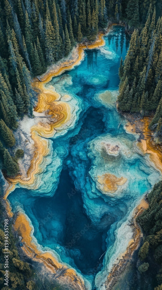 Aerial photography of hot springs with bright colors and surrounding forests. Ideal for tourist guides, environmental projects, nature articles.