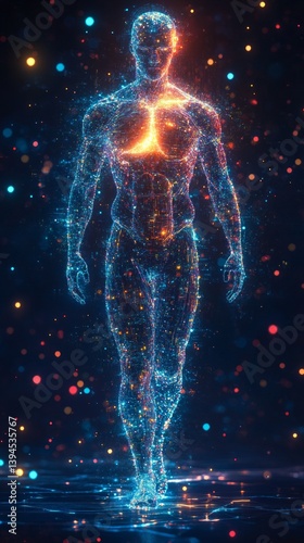 Digital image of a human being with illuminated internal organs symbolizing technology and medicine. Suitable for scientific articles, medical blogs, discussion of innovations in healthcare.