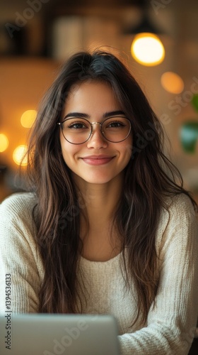 Young woman with laptop in cafe, smiling, working or studying, metal-rimmed glasses, soft light. Suitable for blogs about technology, education, everyday life.