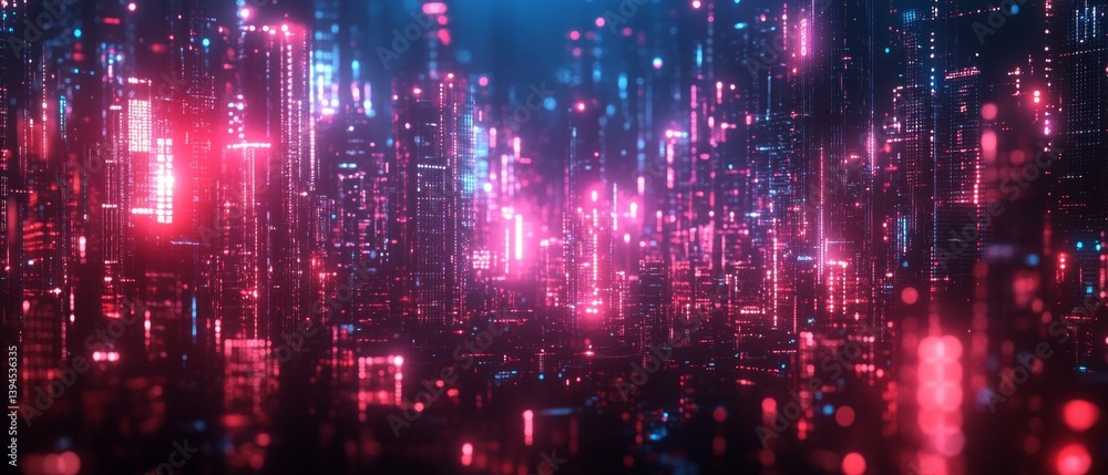 Abstract digital background with neon lights and city silhouettes. Suitable for backgrounds at technological conferences.