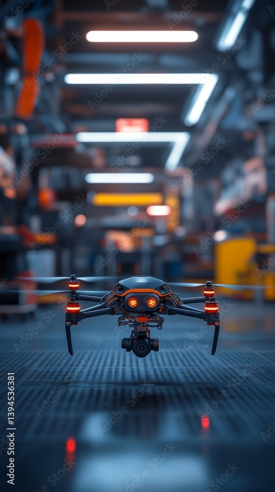 Drone in flight in an industrial setting, captures the space. Great for presentations about industry and technology.